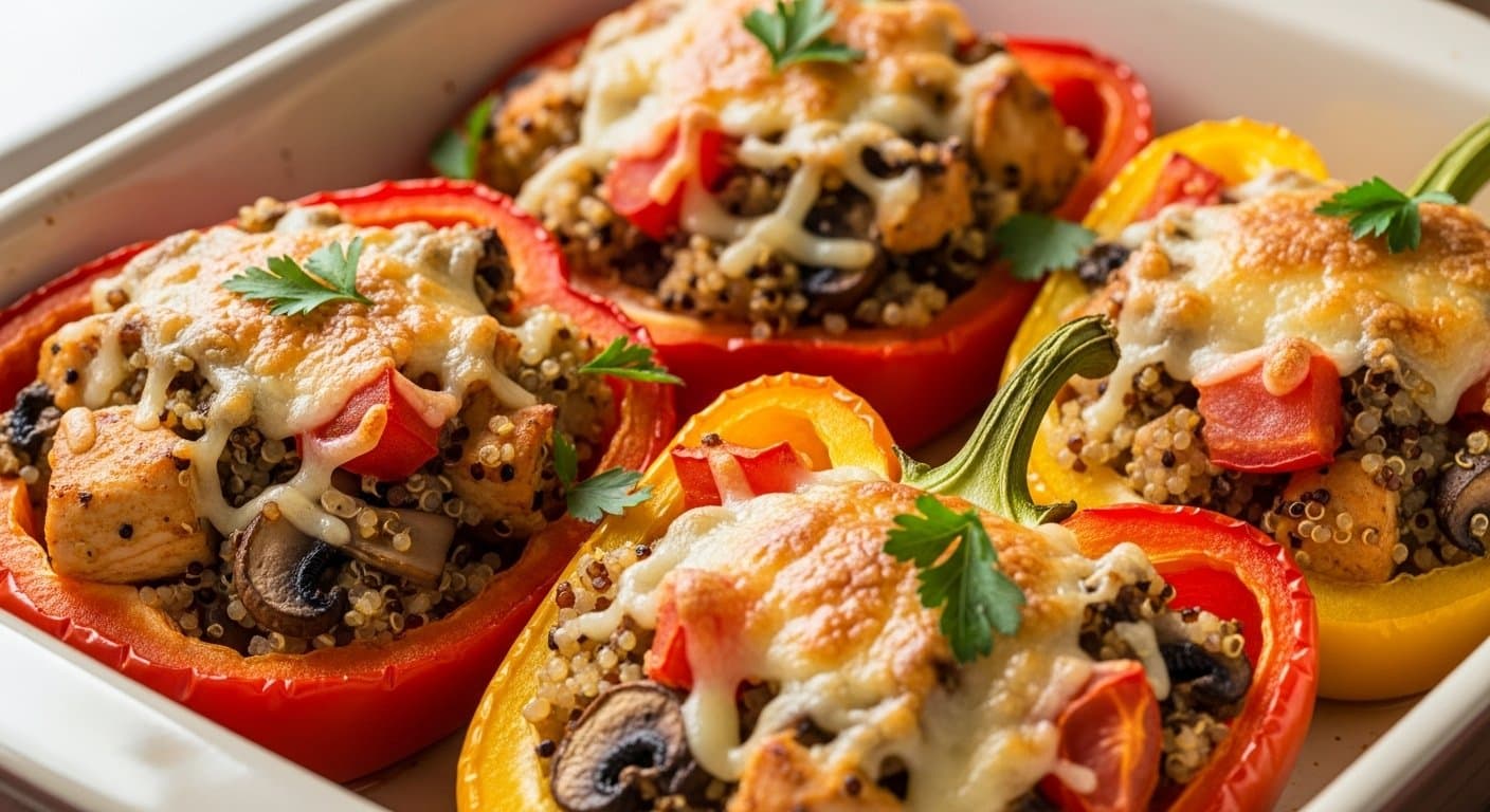 Barevné paprikové lodě plné energie: Quinoa, kuře a houby pro aktivní den!