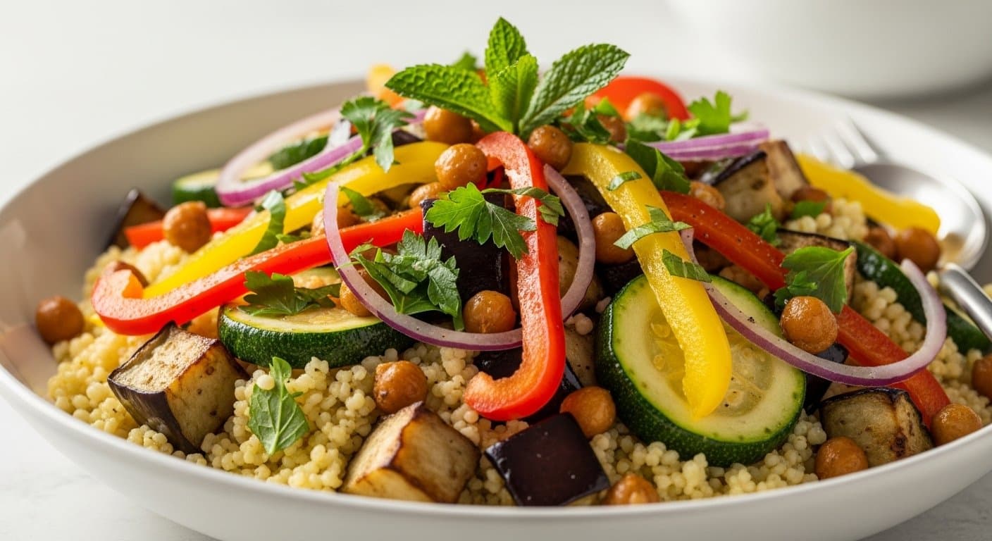 Energie a Vitalita na Talíři: Teplý Jáhlový Salát s Pečenou Středomořskou Zeleninou a Cizrnou pro Vaše Aktivní Dny!