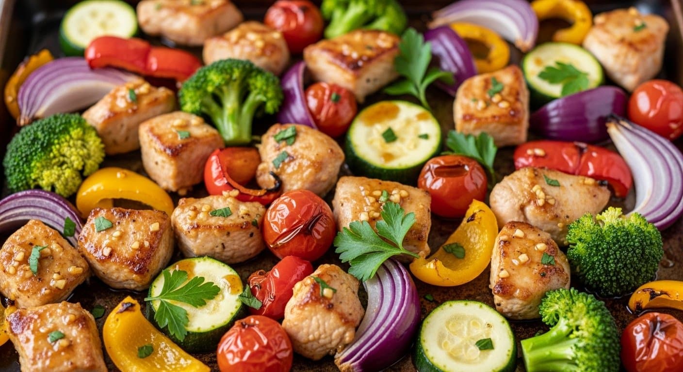 Energie na talíři: Voňavé krůtí kousky s medovo-česnekovou glazurou a pestrou pečenou zeleninou