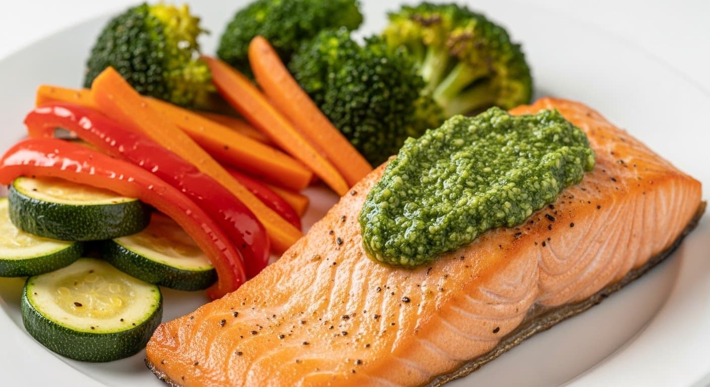 Fitness Delikatesa pro Každý Den: Pečený Losos s Voňavým Bylinkovým Pestem a Pestrou Zeleninou – Snadno, Rychle, Zdravě!