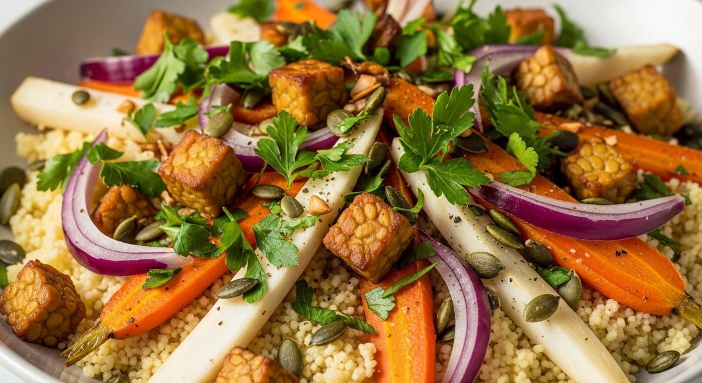 Fitness Guru na Talíři: Hřejivý Kuskusový Salát s Kořenovou Zeleninou a Křupavým Tempehem – Vaše Klíč k Celodenní Energii!