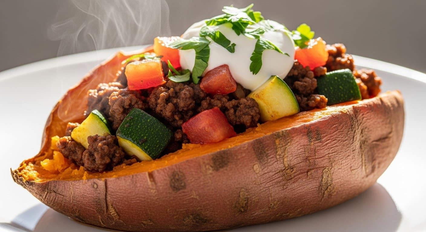 Fitness Oběd i Večeře: Plněná Batáta s Kořeněným Mletým Masem a Cuketou – Energie a Sytost pro Váš Aktivní Život!