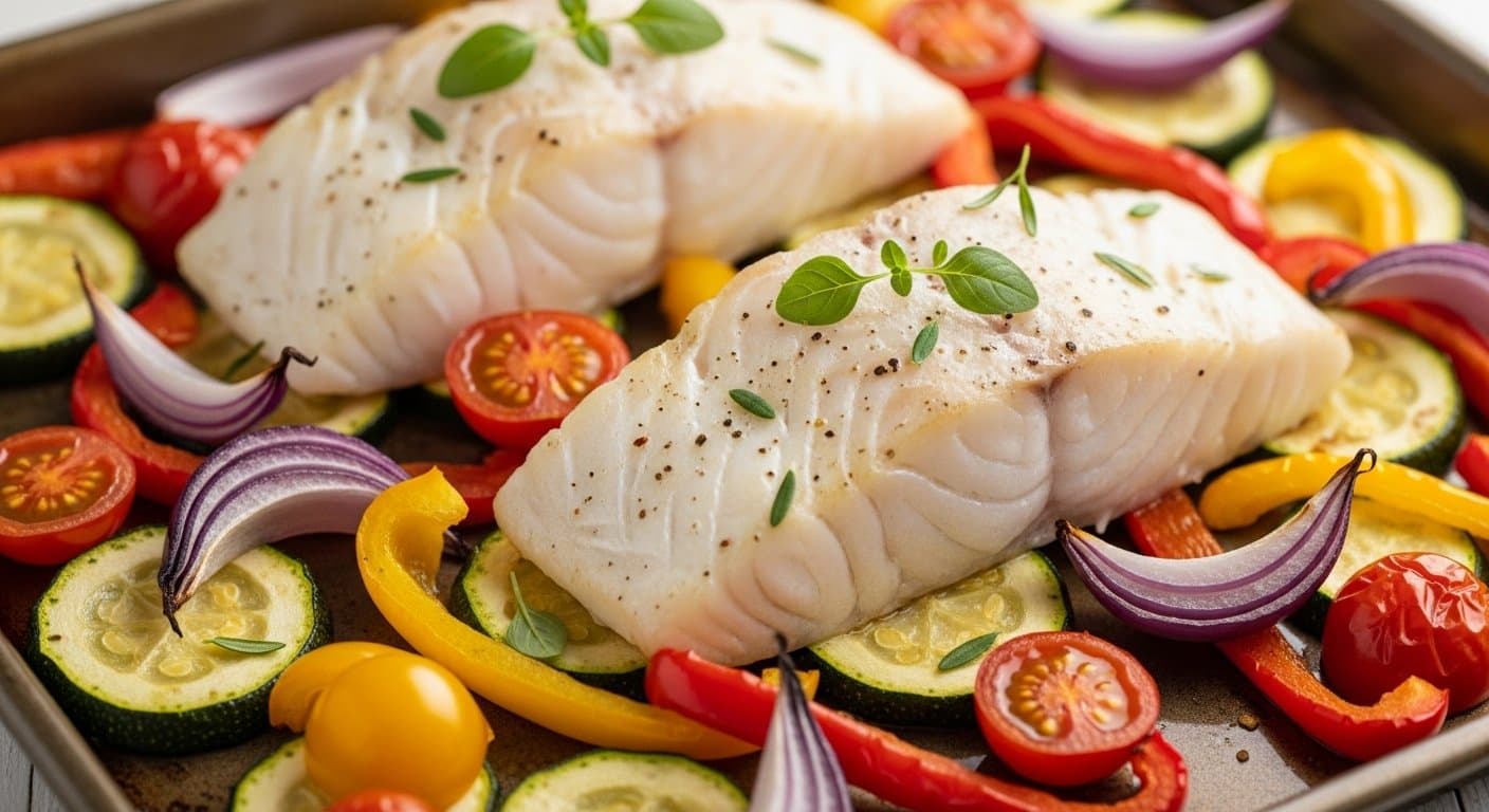 Fitness večeře za 20 minut: Voňavá treska v pestrobarevném zeleninovém loži