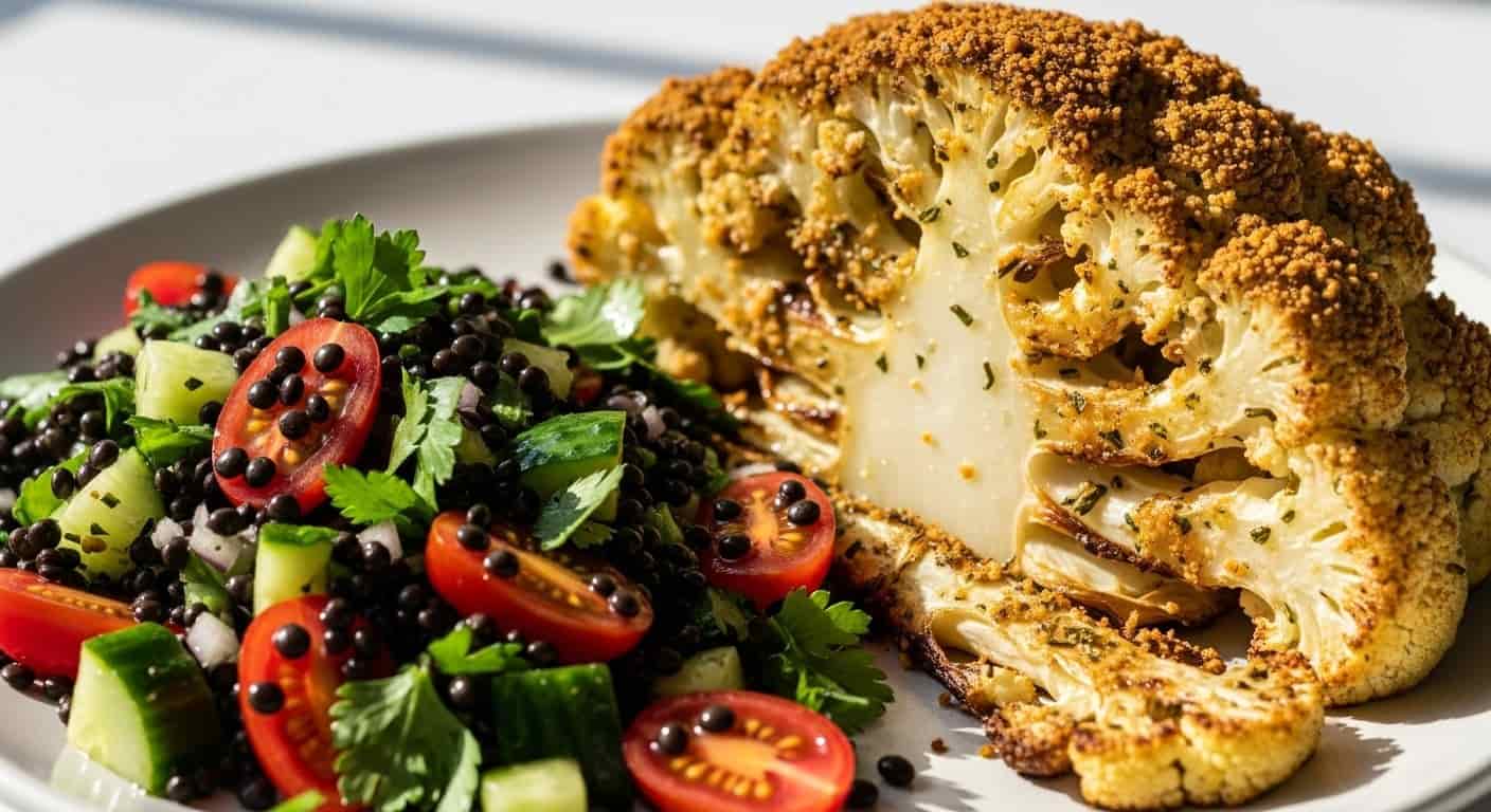 Květákový poklad pro vitalitu: Pečený steak s bylinkovou krustou a svěžím čočkovým salátem