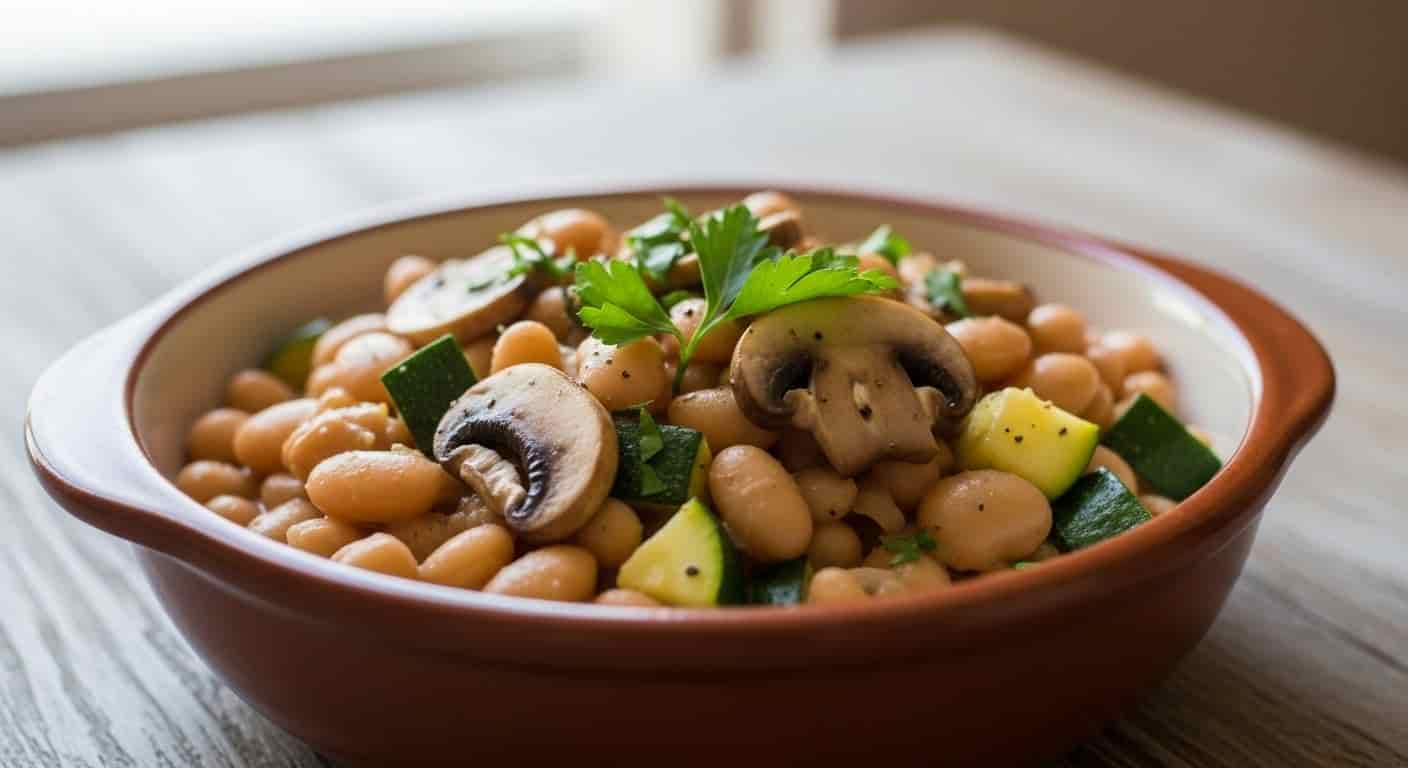 Luštěninová Rhapsody: Krémový Fazolový Stroganoff s Hříbkovou Duší a Lehkostí Cukety