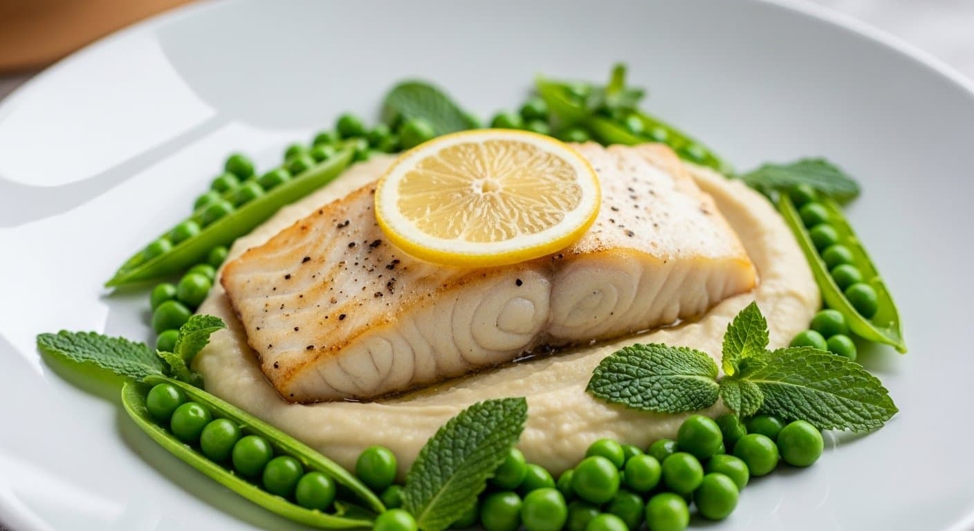 Mořská Symfonie na Talíři: Pečená Treska s Krémovým Celerovým Pyré a Hráškem s Mátou