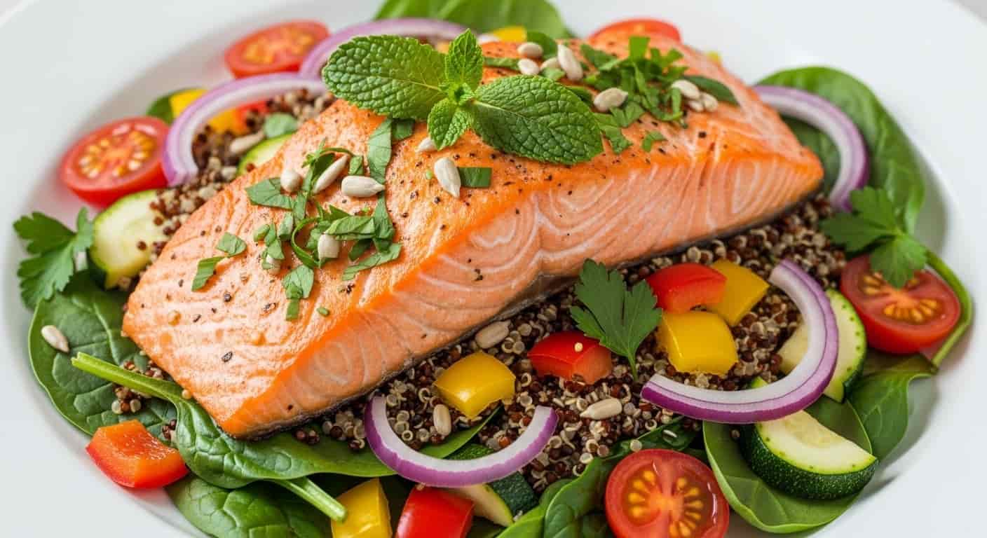 Omega-3 síla na talíři: Hřejivý quinoa salát s lososem a středomořskými bylinkami