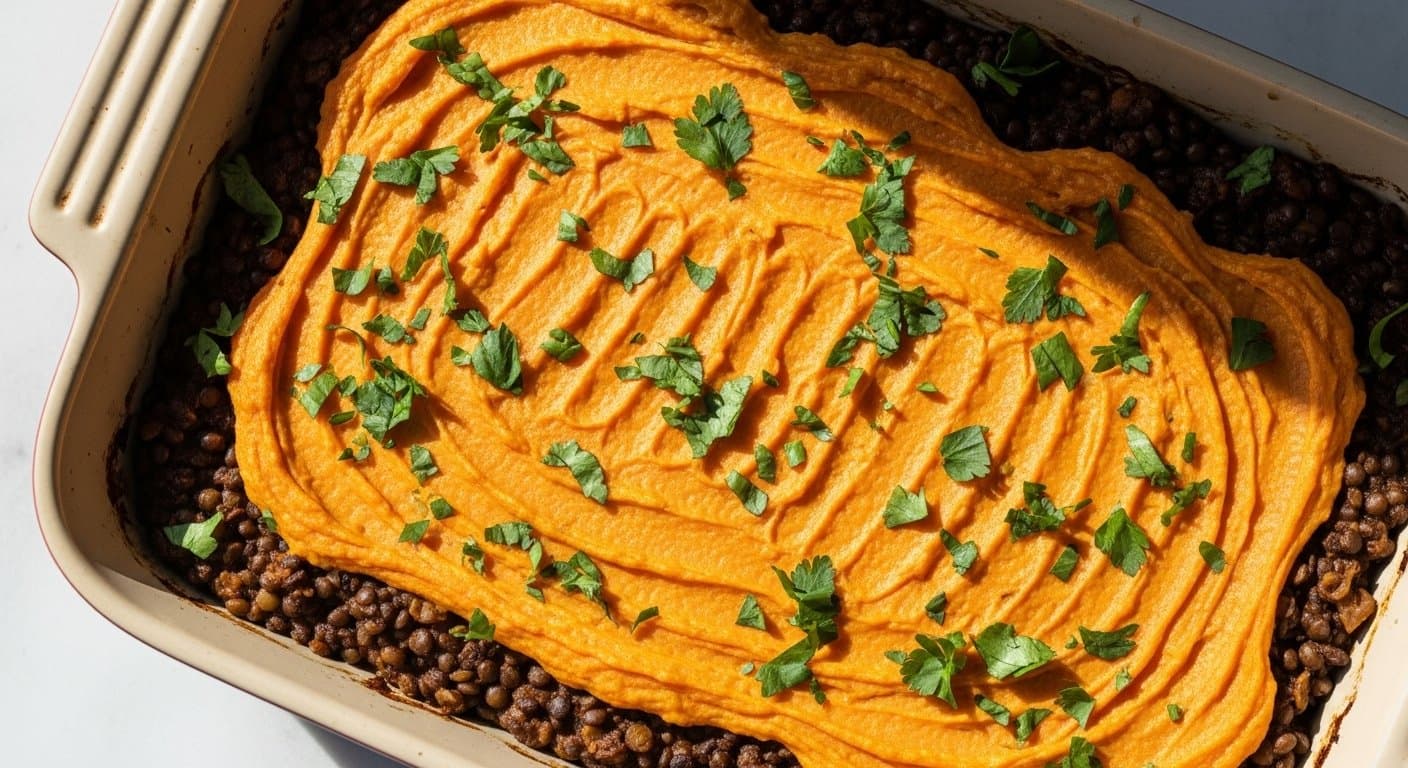 Pastýřský Koláč "Zelený Sen": Čočkové ragú s krémovou batátovou čepicí