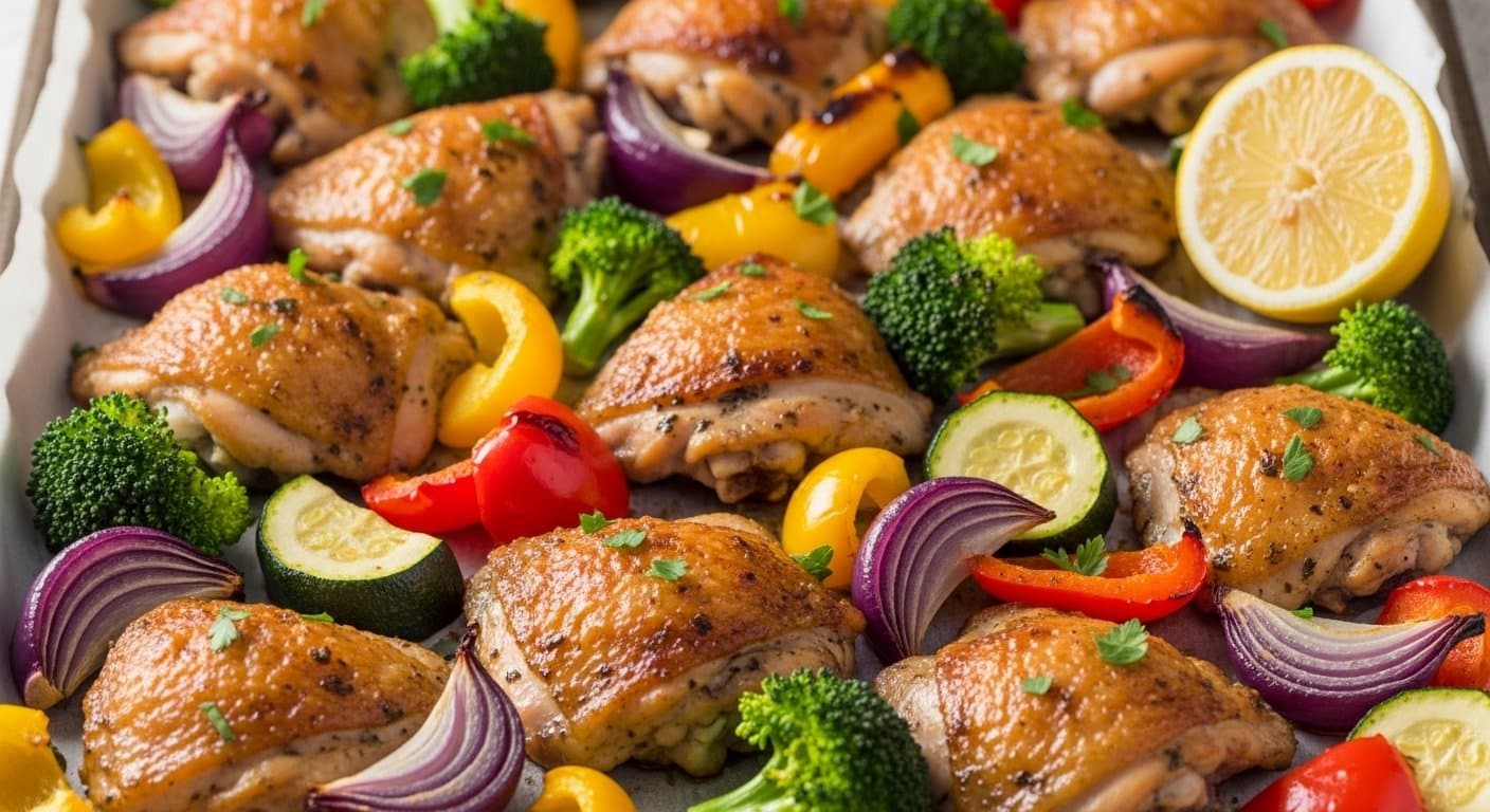 Pikantní kuřecí stehna s duhovou zeleninou z jednoho plechu: Rychlá večeře plná energie pro aktivní život!