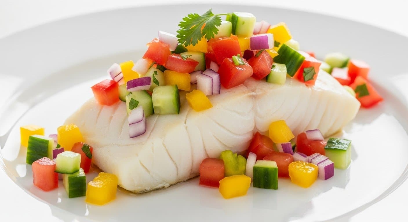 Rychlá Fitness Večeře: Pečená Treska s Barevnou Zeleninovou Salsou – Lehkost a Energie pro Vaše Tělo!