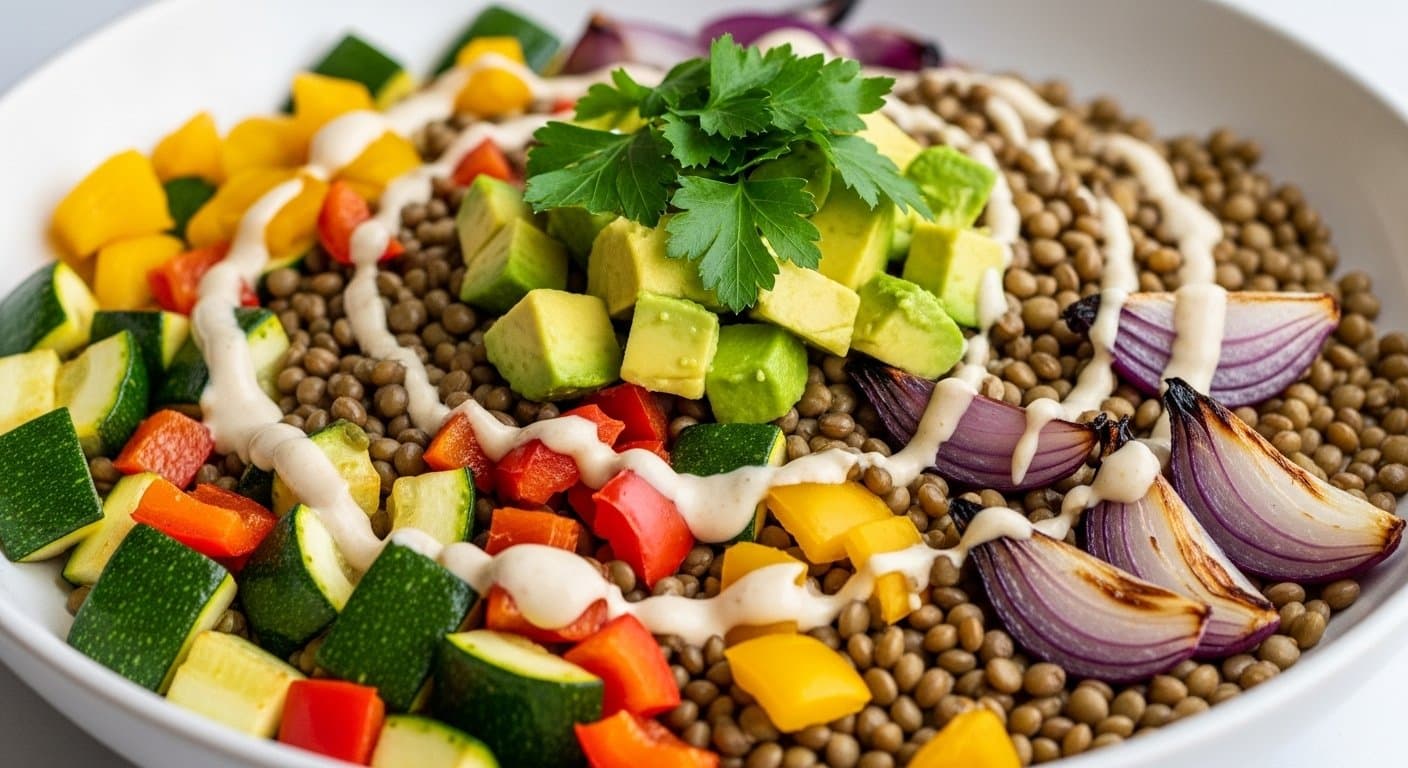 Rychlý fitness oběd: Sytý čočkový salát s pečenou zeleninou a krémovým tahini dresinkem
