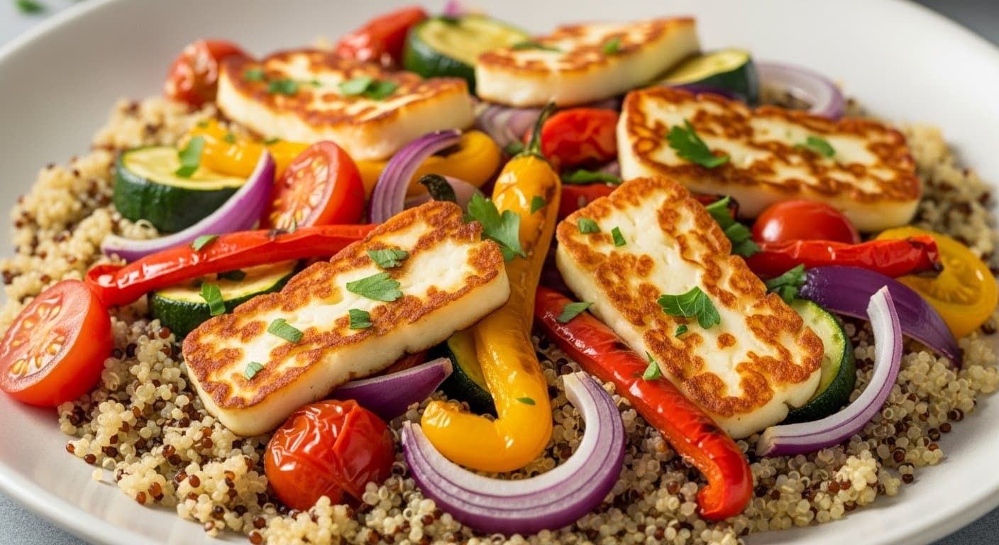 Sluneční pohlazení na talíři: Pečený halloumi se středomořskou zeleninou a voňavou quinoou