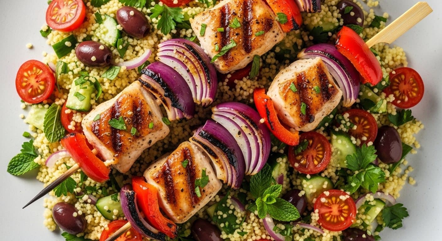 Středomořská Fitness Hostina: Voňavé Kuřecí Špízy s Kuskusem plným Chuti a Vitality!