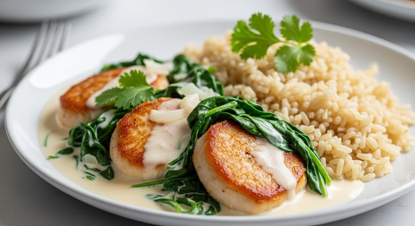 Tropická Vitalita: Krůtí Medailonky v Krémové Kokosové Omáčce se Špenátem