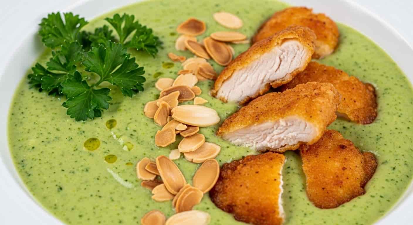 Zelený Klenot na Lžíci: Krémová Brokolicová Polévka s Mandlemi a Křupavým Kuřetem